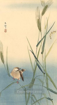 花 鳥 Painting - 麦の茎に鳴く鳥 大原古邨新版画